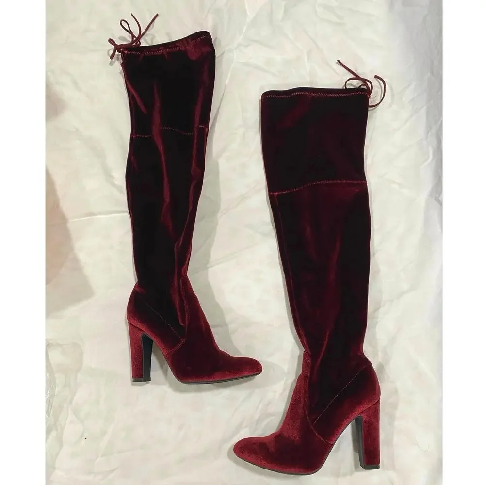 Unisa Over the Knee Burgundy Red Velvet Velour Boots Size 6.5